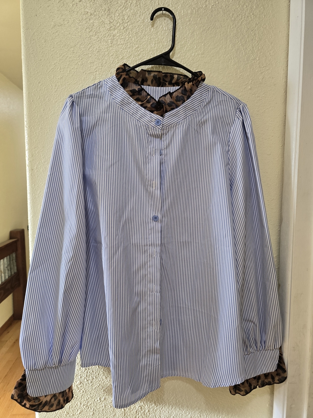 SHEIN Blue & White Pinstripe Button-Down Blouse with Leopard Trim